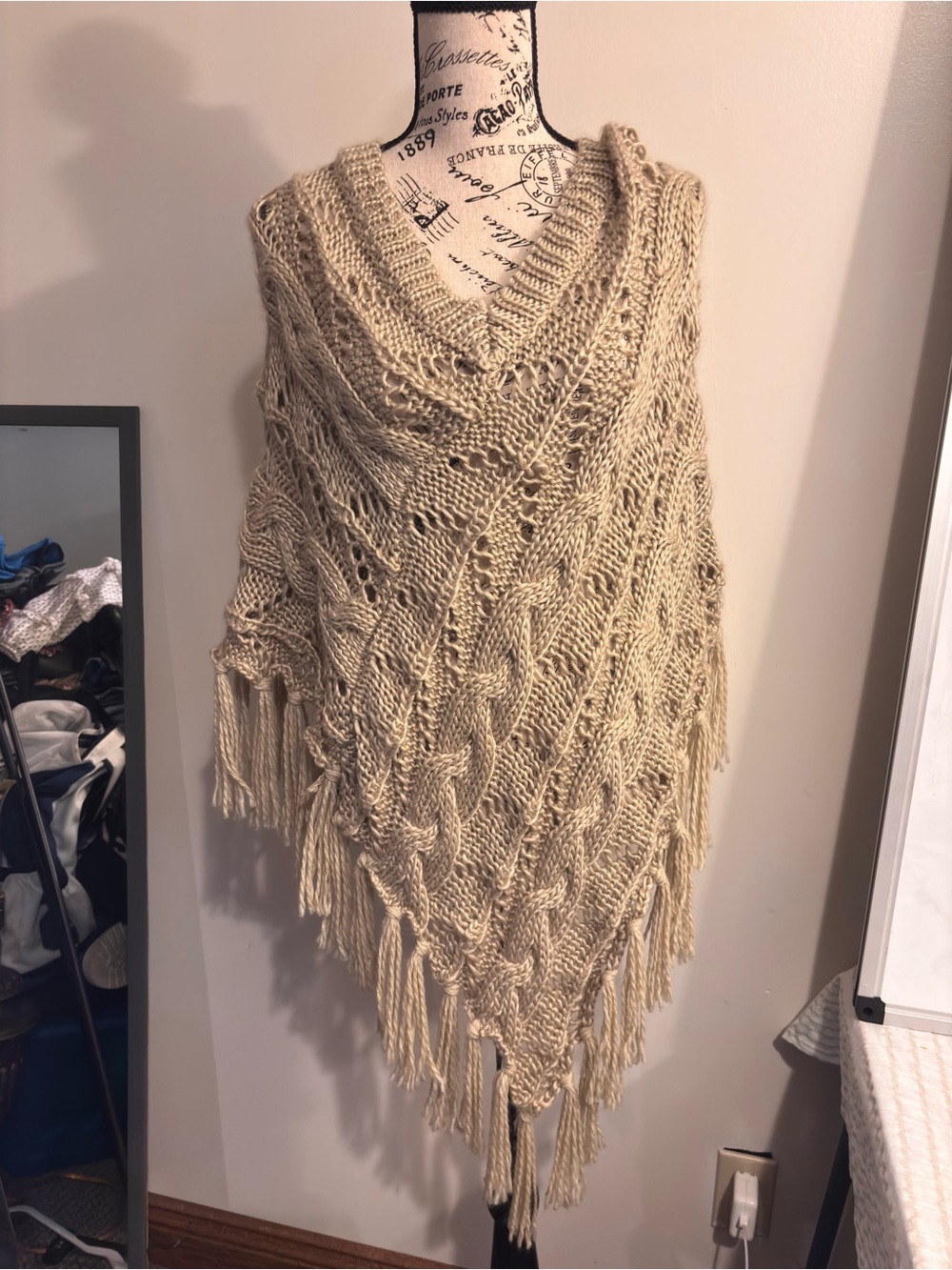 Maurices Beige Cable Knit Fringe Poncho